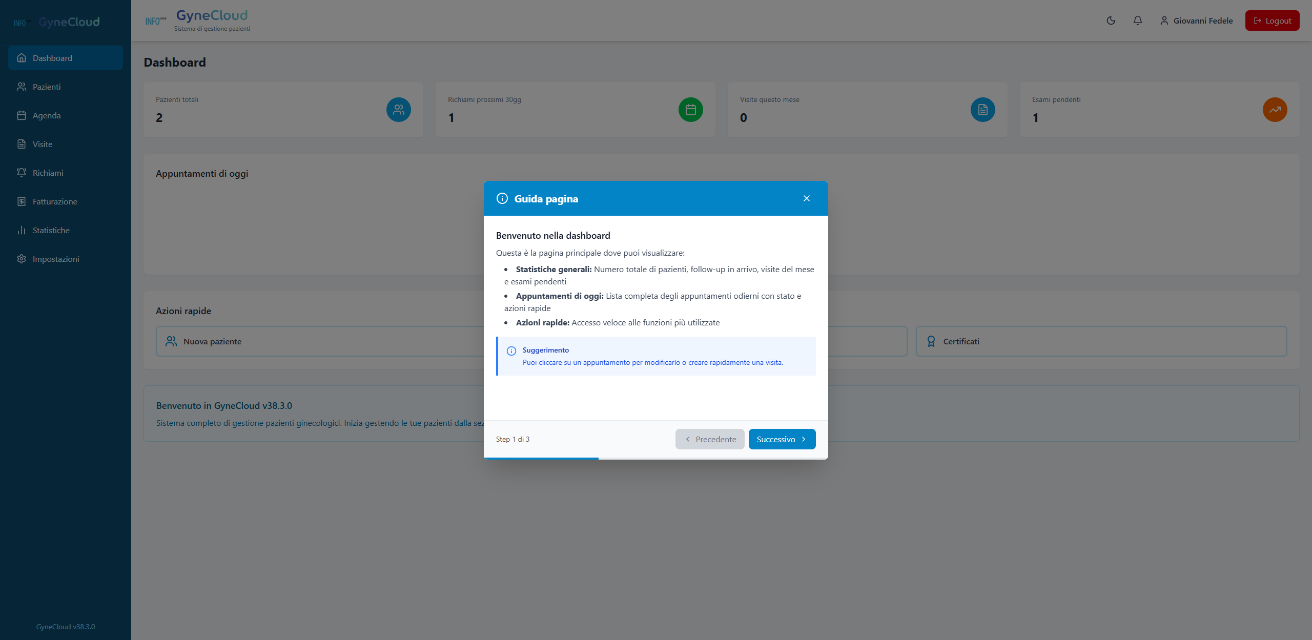 Guida contestuale di GyneCloud aperta sulla dashboard, con spiegazione passo passo della pagina